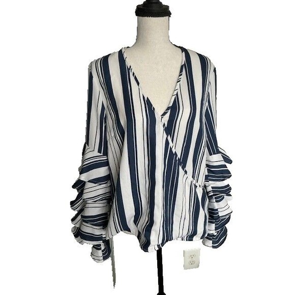 Charlotte Russe Tops - Charlotte Russe Blue and White Stripe Ruffle Long Sleeve Bouuse Sz M V Neck NWT